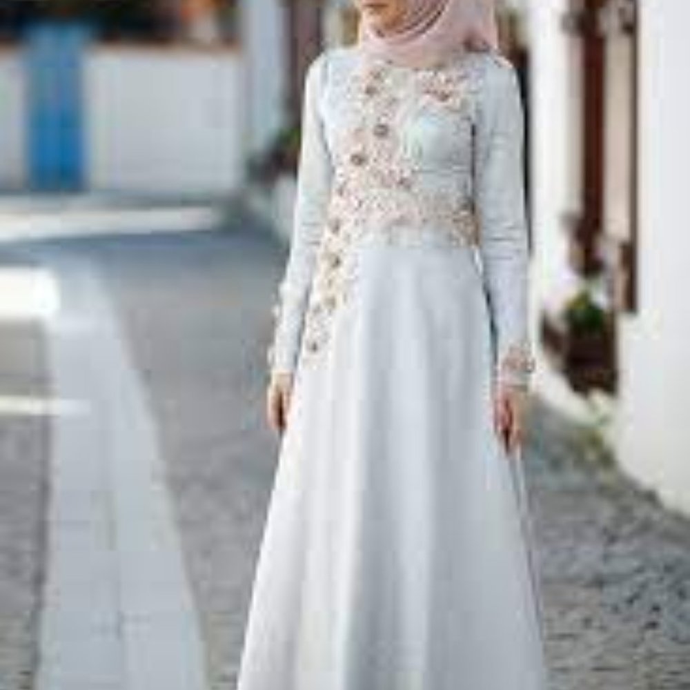 Modanisa Muslim evening dress - Blue/grey with flowers